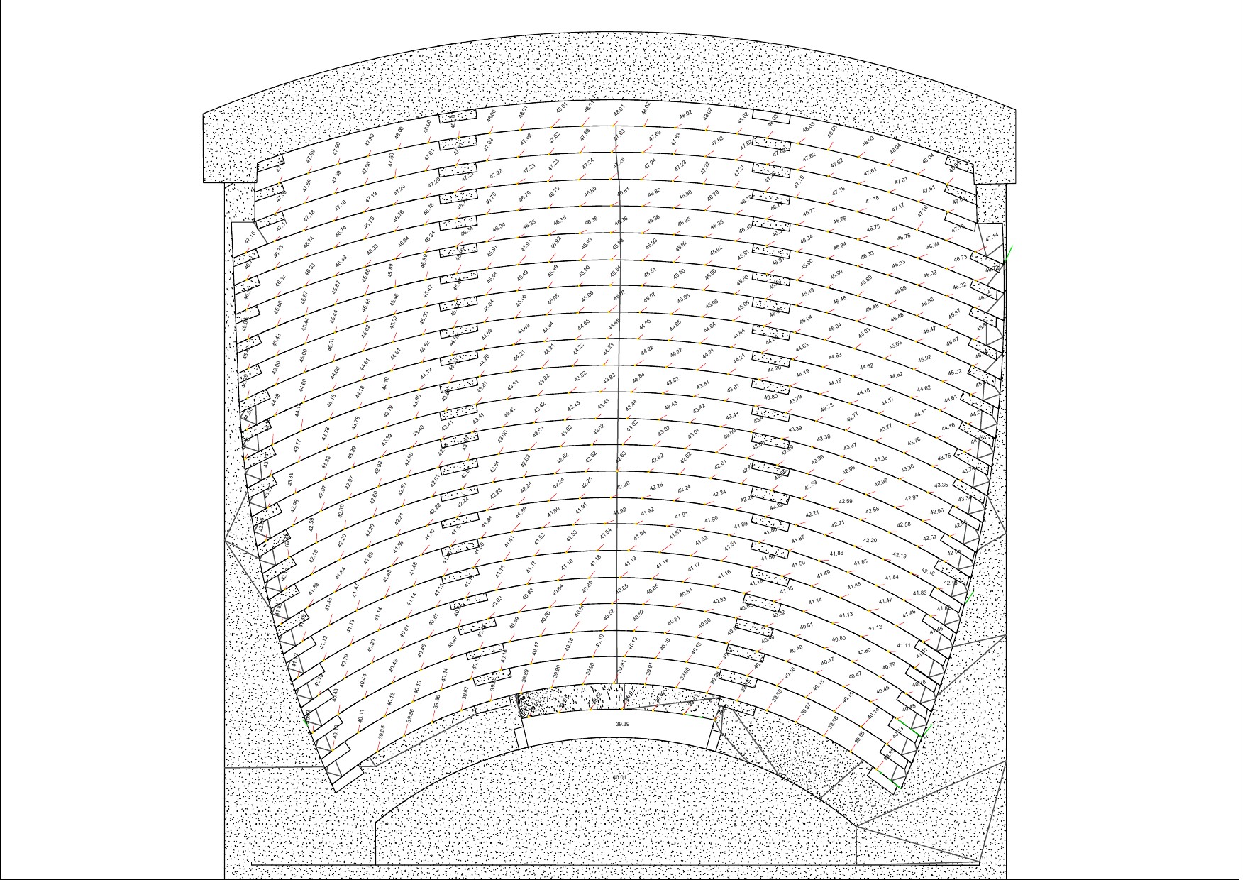 Plan 2D altimétrique des gradins issu du relevé du Théâtre de la Ville à Paris
